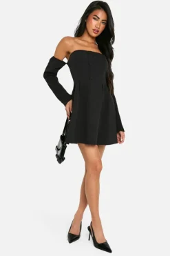 A Line Dresses|Skater Dresses*boohoo A-Line Bardot Long Sleeve Mini Dress black
