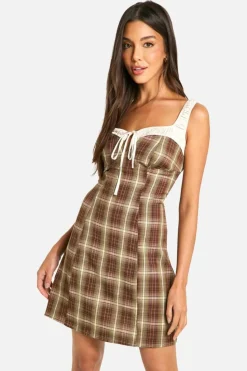 A Line Dresses*boohoo A-Line Satin Trim Check Dress brown