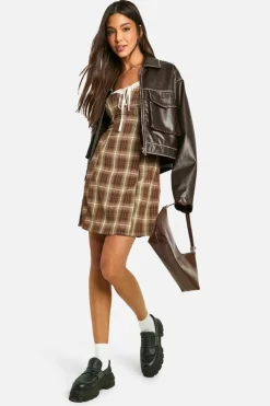 A Line Dresses*boohoo A-Line Satin Trim Check Dress brown