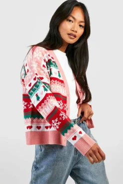 Cardigans|Jumpers & Cardigans*boohoo All Over Jacquard Fairisle Christmas Cardigan pink