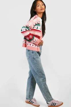 Cardigans|Jumpers & Cardigans*boohoo All Over Jacquard Fairisle Christmas Cardigan pink