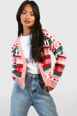 Cardigans|Jumpers & Cardigans*boohoo All Over Jacquard Fairisle Christmas Cardigan pink
