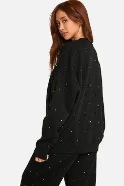 Sweatshirts|Hoodies & Sweatshirts*boohoo All Over Rhinestone Crew Neck Oversized Sweatshirt black