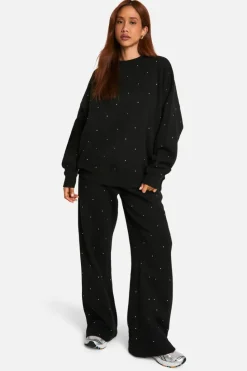 Sweatshirts|Hoodies & Sweatshirts*boohoo All Over Rhinestone Crew Neck Oversized Sweatshirt black