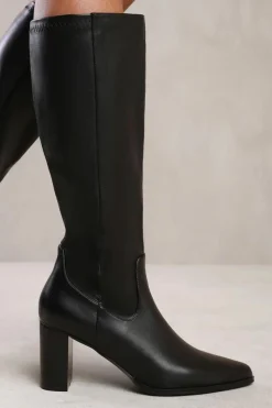 Heeled Boots|All Boots*Where's That From Alpha' Block Heel Knee High Boots With Stitch Detail Black