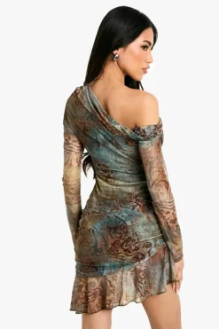 Skater Dresses|Mini Dresses*boohoo Animal Mesh Drape Frill Long Sleeve Mini Dress brown