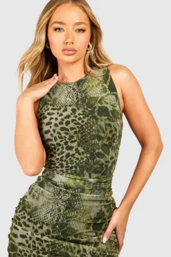 Bodycon Dresses*boohoo Animal Print Rouched Mesh Midaxi Dress khaki
