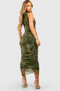 Bodycon Dresses*boohoo Animal Print Rouched Mesh Midaxi Dress khaki
