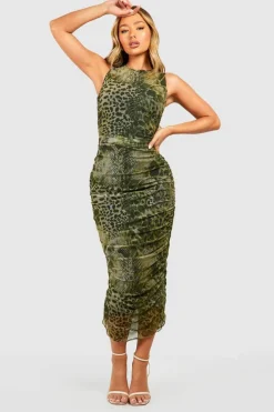 Bodycon Dresses*boohoo Animal Print Rouched Mesh Midaxi Dress khaki