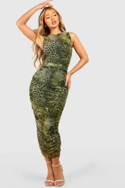 Bodycon Dresses*boohoo Animal Print Rouched Mesh Midaxi Dress khaki