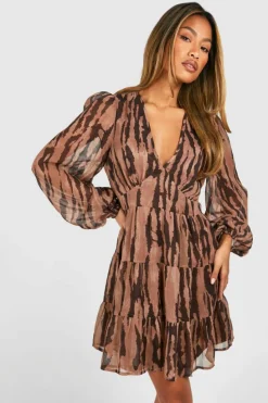 Smock Dresses|Mini Dresses*boohoo Animal Print Tiered Chiffon Smock Dress brown