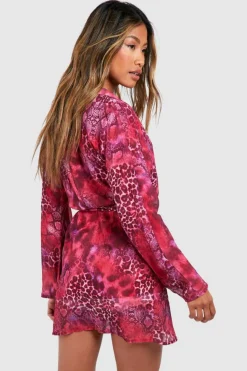 Wrap Dresses*boohoo Animal Print Wrap Mini Dress pink