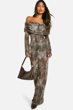 Maxi Dresses*boohoo Animal Rib Knit Slouchy Bardot Maxi Dress brown
