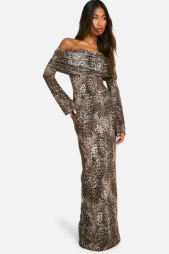 Maxi Dresses*boohoo Animal Rib Knit Slouchy Bardot Maxi Dress brown
