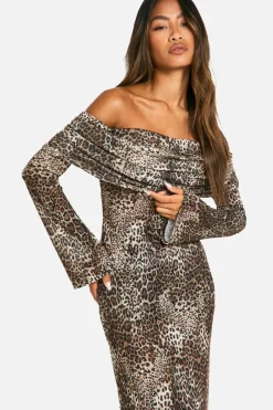 Maxi Dresses*boohoo Animal Rib Knit Slouchy Bardot Maxi Dress brown