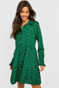 Smock Dresses|Shirt Dresses*boohoo Animal Smock Shirt Dress green