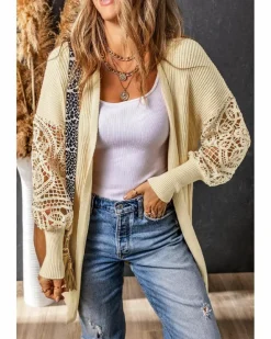 Cardigans*Azura Exchange Apricot Crochet Lace Sleeve Ribbed Knit Cardigan Beige