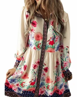 Shirt Dresses*Azura Exchange Apricot Floral Print Buttoned High Waist Shirt Mini Dress Beige