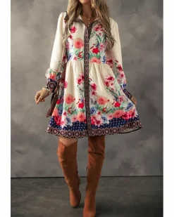 Shirt Dresses*Azura Exchange Apricot Floral Print Buttoned High Waist Shirt Mini Dress Beige