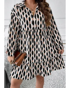 Shirt Dresses*Azura Exchange Apricot Geometric Print Collared V Neck Plus Size Mini Dress Beige