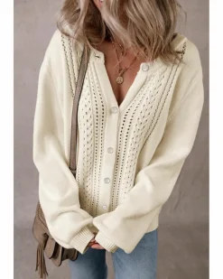 Cardigans*Azura Exchange Apricot Pleated Sleeve Hollow Detail Button Sweater Cardigan Beige