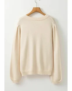 Cardigans*Azura Exchange Apricot Pleated Sleeve Hollow Detail Button Sweater Cardigan Beige