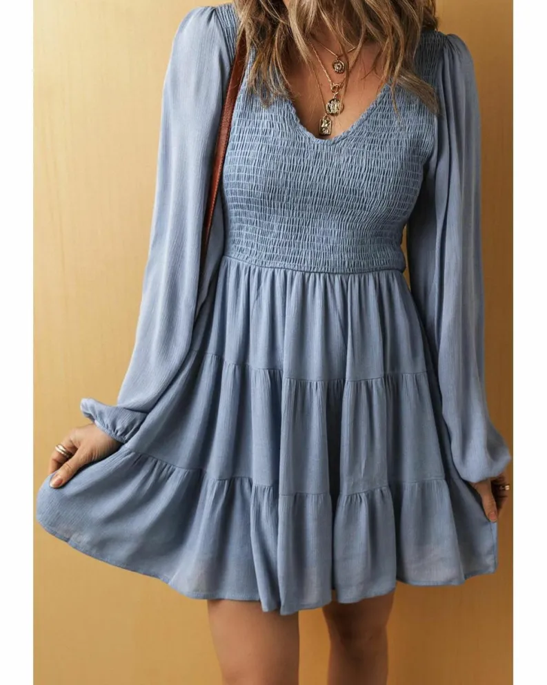 Smock Dresses*Azura Exchange Ashleigh Blue Long Sleeve V Neck Smocked Tiered Mini Dress Multi