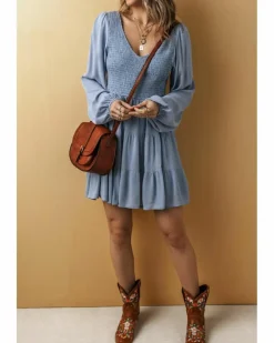 Smock Dresses*Azura Exchange Ashleigh Blue Long Sleeve V Neck Smocked Tiered Mini Dress Multi