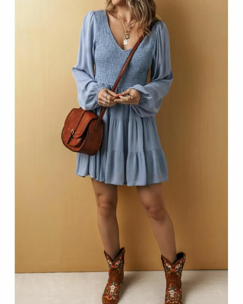 Smock Dresses*Azura Exchange Ashleigh Blue Long Sleeve V Neck Smocked Tiered Mini Dress Multi