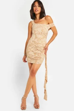 Bodycon Dresses*boohoo Assymetric Burnout Mesh Ruffle Mini Dress stone