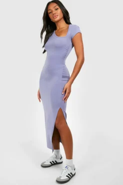Bodycon Dresses*boohoo Assymetric Cap Sleeve Ruched Modal Midaxi Dress blue