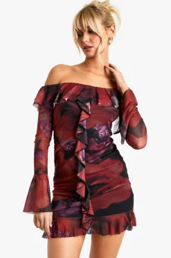 Bodycon Dresses|Mini Dresses*boohoo Assymetric floral ruffle mesh flare cuff mini dress red