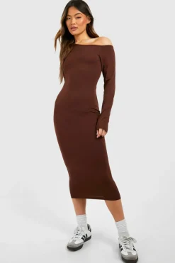 Bodycon Dresses|Midi Dresses*boohoo Assymetric Long Sleeve Midi Dress chocolate