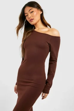 Bodycon Dresses|Midi Dresses*boohoo Assymetric Long Sleeve Midi Dress chocolate