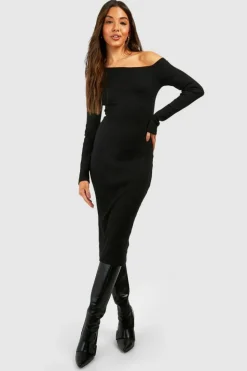 Bodycon Dresses|Midi Dresses*boohoo Assymetric Rib Long Sleeve Midi Dress black