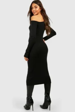 Bodycon Dresses|Midi Dresses*boohoo Assymetric Rib Long Sleeve Midi Dress black