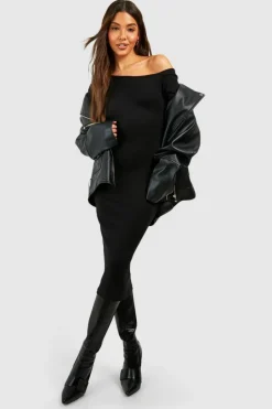 Bodycon Dresses|Midi Dresses*boohoo Assymetric Rib Long Sleeve Midi Dress black