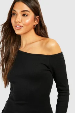 Bodycon Dresses|Midi Dresses*boohoo Assymetric Rib Long Sleeve Midi Dress black