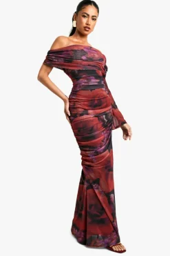 Maxi Dresses|Long Sleeve Dresses*boohoo Assymetric ruched floral mesh maxi dress plum