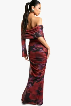 Maxi Dresses|Long Sleeve Dresses*boohoo Assymetric ruched floral mesh maxi dress plum
