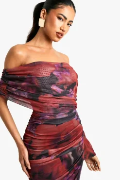 Maxi Dresses|Long Sleeve Dresses*boohoo Assymetric ruched floral mesh maxi dress plum
