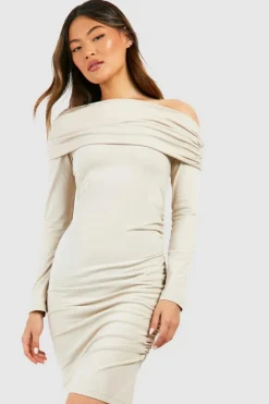 Bodycon Dresses*boohoo Assymetric Ruched Long Sleeve Mini Dress stone