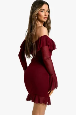 Bodycon Dresses*boohoo Assymetric ruffle mesh flare cuff mini dress plum