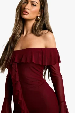 Bodycon Dresses*boohoo Assymetric ruffle mesh flare cuff mini dress plum