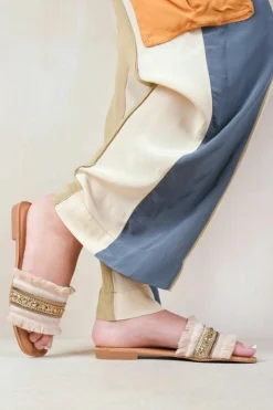 Sandals*Where's That From Astroid' Flat Sandals With Fringe Trim And Stud Details Beige