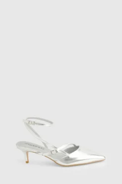 Heels*boohoo Asymmetric Buckle Strap Kitten Heel Court Shoes silver