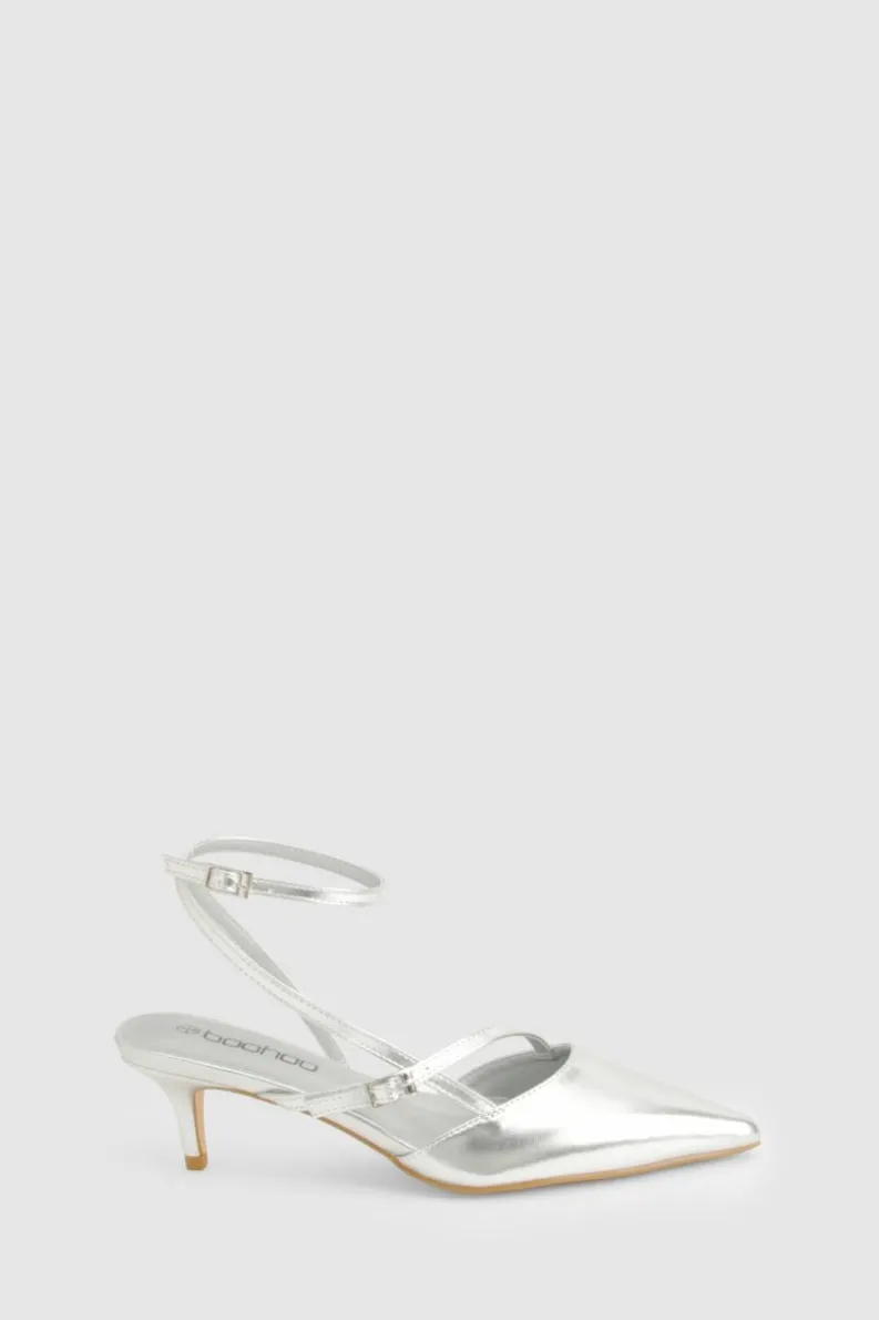 Heels*boohoo Asymmetric Buckle Strap Kitten Heel Court Shoes silver