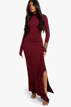 Maxi Dresses|Long Sleeve Dresses*boohoo Asymmetric Long Sleeve Maxi Dress burgundy