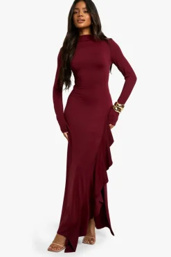 Maxi Dresses|Long Sleeve Dresses*boohoo Asymmetric Long Sleeve Maxi Dress burgundy