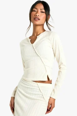Long Sleeve Tops*boohoo Asymmetric Long Sleeve Rib Top cream